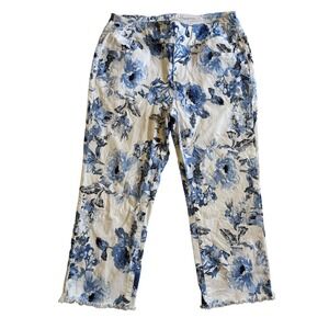 Ethyl Clothing Floral Print‎ Cropped Jeans Blue White Raw Hem Stretch Size 6